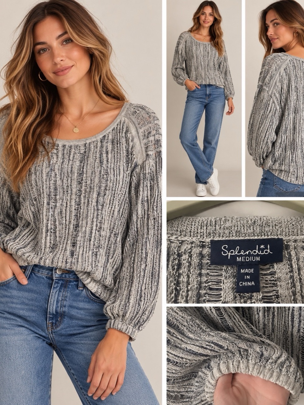 Splendid Textured Knit Sweater Gray & White Size M